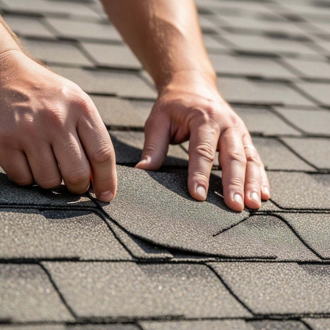 A roofer's hands inspecting a damaged roof shingle.