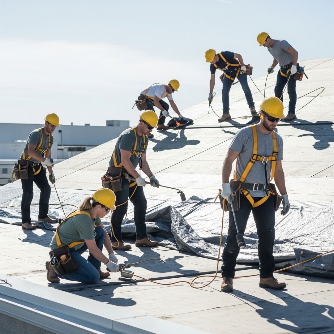 A team of professional roofers working on a large commercial flat roof.