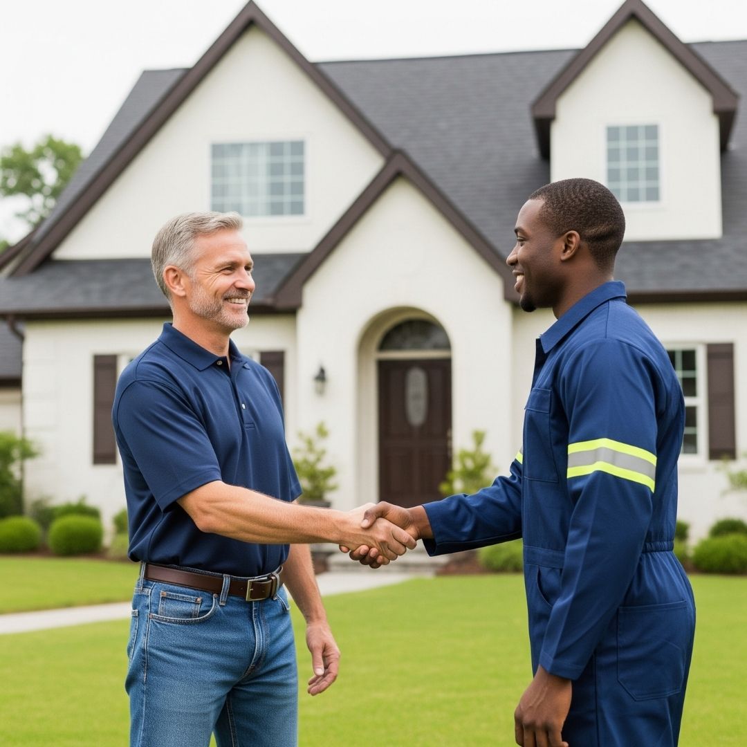 A happy homeowner shaking hands with a roofer.