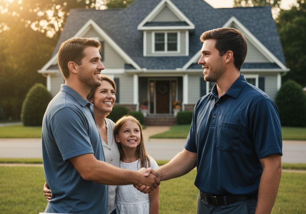 roofing contractor shaking hands with family outside home