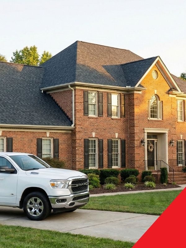 house with work truck parked in front