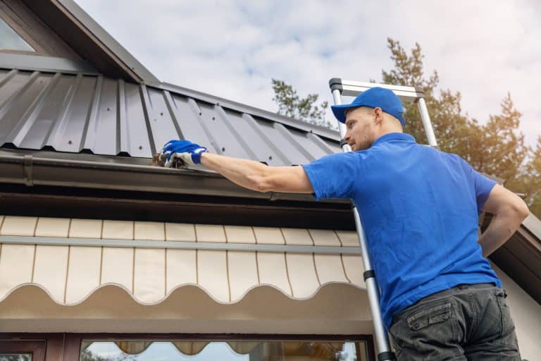 Man cleaning roof rain gutter